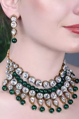 JN Handicraft Traditional Copper Plated Kundan Hancrafted Green Pearl Chokar Necklace Set