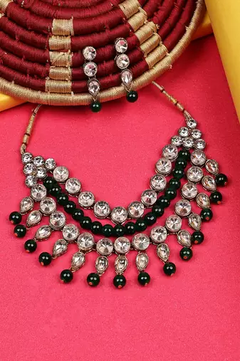 JN Handicraft Traditional Copper Plated Kundan Hancrafted Green Pearl Chokar Necklace Set