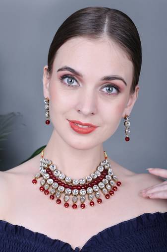 JN Handicraft Traditional Copper Plated Kundan Hancrafted Maroon Pearl Chokar Necklace Set