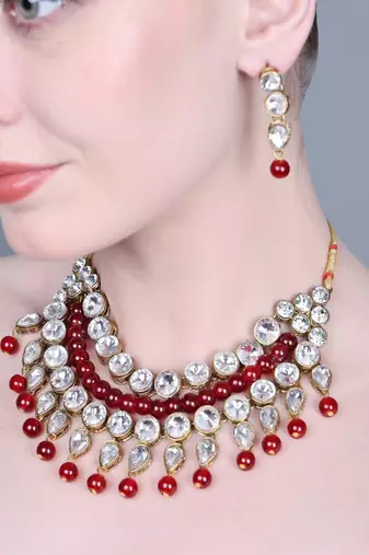 JN Handicraft Traditional Copper Plated Kundan Hancrafted Maroon Pearl Chokar Necklace Set