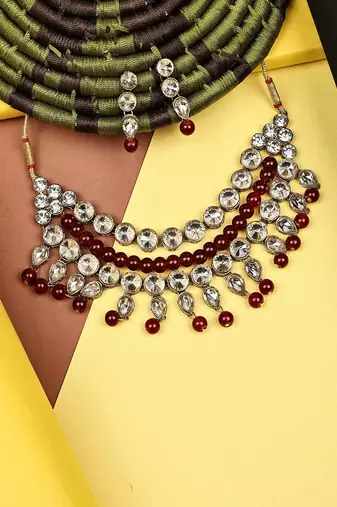 JN Handicraft Traditional Copper Plated Kundan Hancrafted Maroon Pearl Chokar Necklace Set