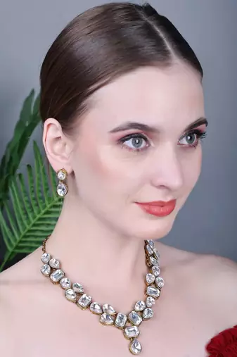 JN Hnadicraft Stylish Copper Plated Twinkling Droap Shap Kundan Necklace Set