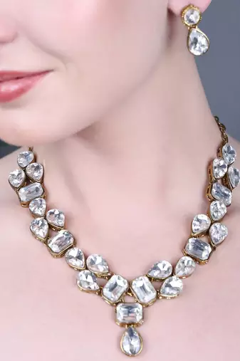 JN Hnadicraft Stylish Copper Plated Twinkling Droap Shap Kundan Necklace Set