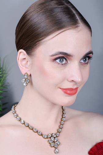 JN Hnadicraft Stylish Copper Plated Twinkling Droap Shap Kundan Necklace Set