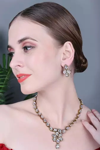 JN Hnadicraft Stylish Copper Plated Twinkling Droap Shap Kundan Necklace Set