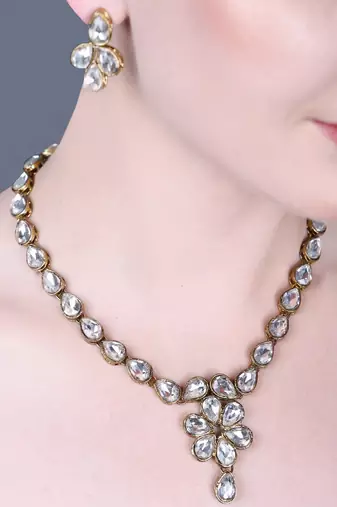 JN Hnadicraft Stylish Copper Plated Twinkling Droap Shap Kundan Necklace Set