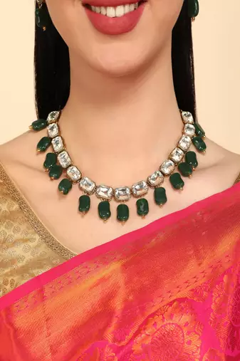 JN Handicraft Stylish Antique Green Beads Kundan & Alloy Womens Jewellery Sets