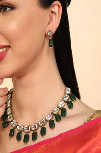 JN Handicraft Stylish Antique Green Beads Kundan & Alloy Womens Jewellery Sets
