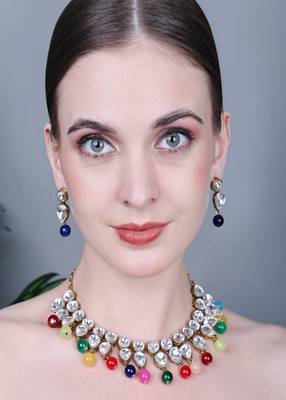 JN Handicraft Traditional Copper Plated Kundan Hancrafted Multicolour Pearl Chokar Necklace Set 1