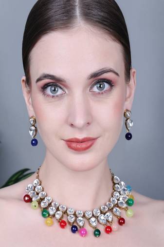 JN Handicraft Traditional Copper Plated Kundan Hancrafted Multicolour Pearl Chokar Necklace Set