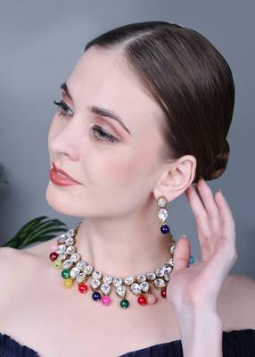 JN Handicraft Traditional Copper Plated Kundan Hancrafted Multicolour Pearl Chokar Necklace Set 2