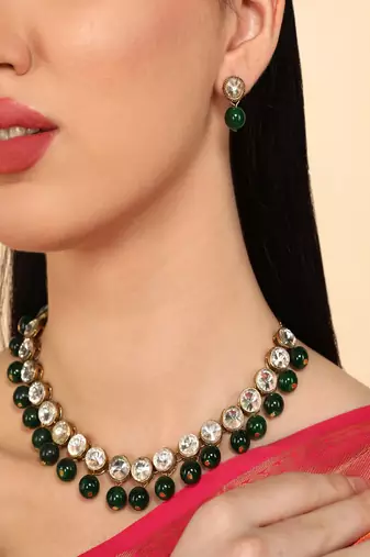 JN Handicraft Green Pearl and Kundan Jewellery Set