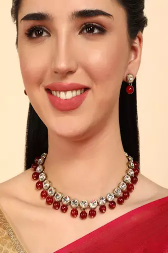 JN Handicraft Maroon Pearl and Kundan Jewellery Set