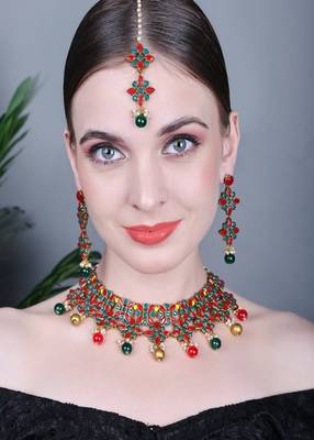 JN Handicraft  Red & Green Kundan Stone Studded Copper Plated Traditional Chokar Jewellery Set with Maangtika Earring 1
