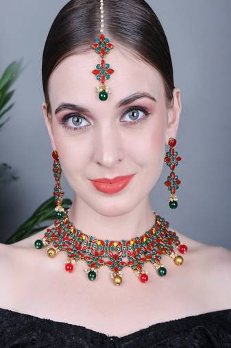 JN Handicraft  Red & Green Kundan Stone Studded Copper Plated Traditional Chokar Jewellery Set with Maangtika Earring