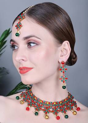 JN Handicraft  Red & Green Kundan Stone Studded Copper Plated Traditional Chokar Jewellery Set with Maangtika Earring 2