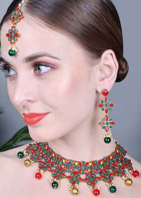 JN Handicraft  Red & Green Kundan Stone Studded Copper Plated Traditional Chokar Jewellery Set with Maangtika Earring 3