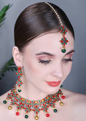 JN Handicraft  Red & Green Kundan Stone Studded Copper Plated Traditional Chokar Jewellery Set with Maangtika Earring 4