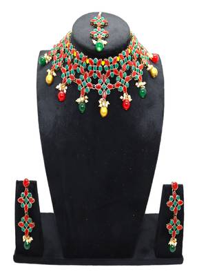 JN Handicraft  Red & Green Kundan Stone Studded Copper Plated Traditional Chokar Jewellery Set with Maangtika Earring 5