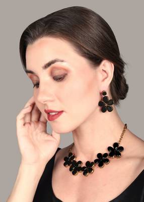 JN Handicraft Black Stone Studded Copper Plated Handcrafted Chokar Flower Necklace 3