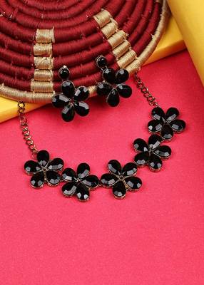 JN Handicraft Black Stone Studded Copper Plated Handcrafted Chokar Flower Necklace 5