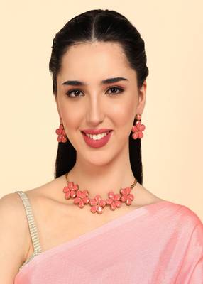 JN Handicraft Peach Stone Studded Copper Plated Handcrafted Chokar Flower Necklace 1