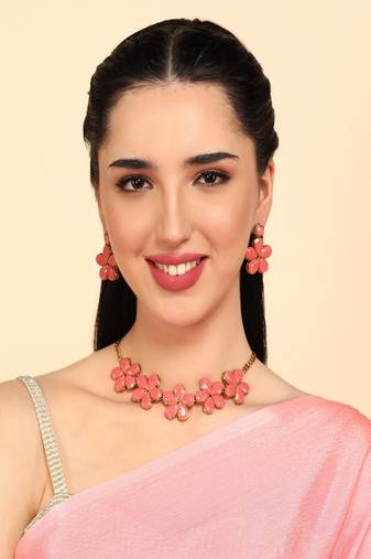 JN Handicraft Peach Stone Studded Copper Plated Handcrafted Chokar Flower Necklace