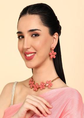 JN Handicraft Peach Stone Studded Copper Plated Handcrafted Chokar Flower Necklace 2