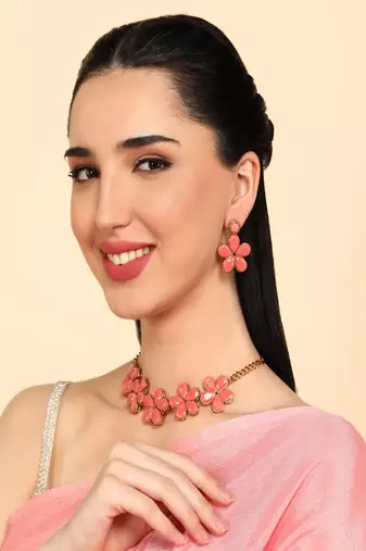 JN Handicraft Peach Stone Studded Copper Plated Handcrafted Chokar Flower Necklace