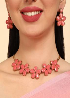 JN Handicraft Peach Stone Studded Copper Plated Handcrafted Chokar Flower Necklace 3