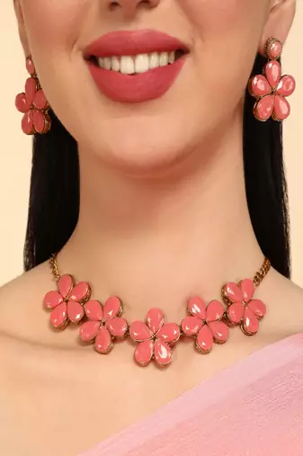 JN Handicraft Peach Stone Studded Copper Plated Handcrafted Chokar Flower Necklace