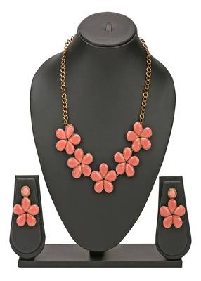JN Handicraft Peach Stone Studded Copper Plated Handcrafted Chokar Flower Necklace 4