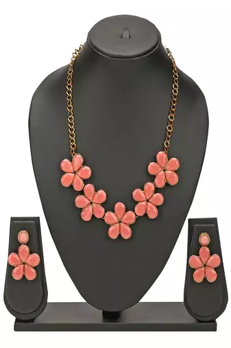 JN Handicraft Peach Stone Studded Copper Plated Handcrafted Chokar Flower Necklace