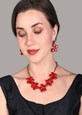 JN Handicraft Red Stone Studded Copper Plated Handcrafted Chokar Flower Necklace 1