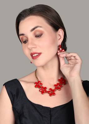 JN Handicraft Red Stone Studded Copper Plated Handcrafted Chokar Flower Necklace 2
