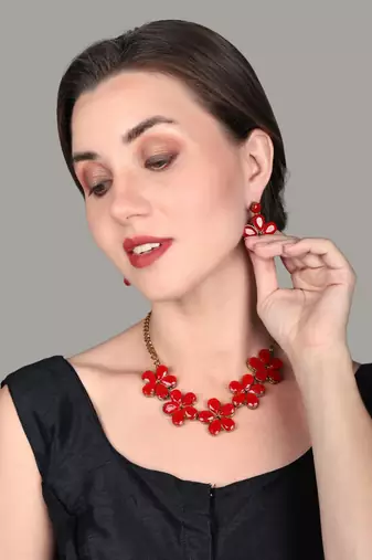 JN Handicraft Red Stone Studded Copper Plated Handcrafted Chokar Flower Necklace