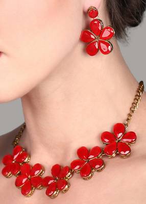 JN Handicraft Red Stone Studded Copper Plated Handcrafted Chokar Flower Necklace 3