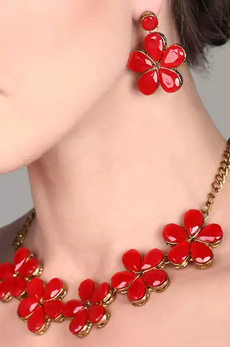 JN Handicraft Red Stone Studded Copper Plated Handcrafted Chokar Flower Necklace
