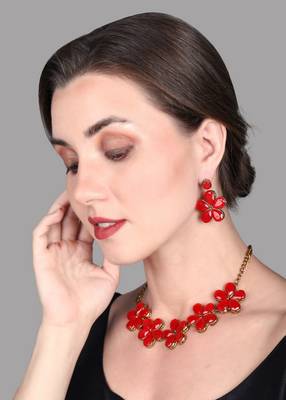 JN Handicraft Red Stone Studded Copper Plated Handcrafted Chokar Flower Necklace 4
