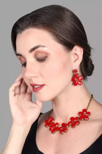 JN Handicraft Red Stone Studded Copper Plated Handcrafted Chokar Flower Necklace