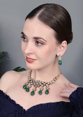 JN Handicraft  Antique Green Beads Kundan Stone Copper Plated Traditional Chokar Jewellery Set 2