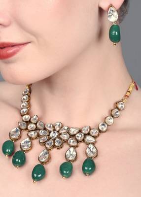JN Handicraft  Antique Green Beads Kundan Stone Copper Plated Traditional Chokar Jewellery Set 3
