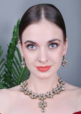 JN Handicraft Kundan Stone Studded Copper Plated Handcrafted Flower Necklace Set 2