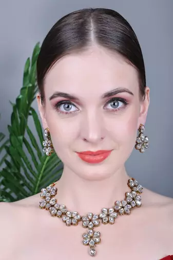 JN Handicraft Kundan Stone Studded Copper Plated Handcrafted Flower Necklace Set