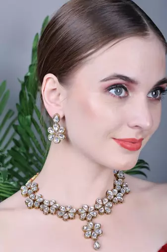 JN Handicraft Kundan Stone Studded Copper Plated Handcrafted Flower Necklace Set