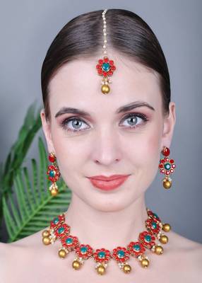 JN Handicraft Traditional Copper Plated Red Stone Kundan Hancrafted Chokar Necklace Set with Mangtikka 2