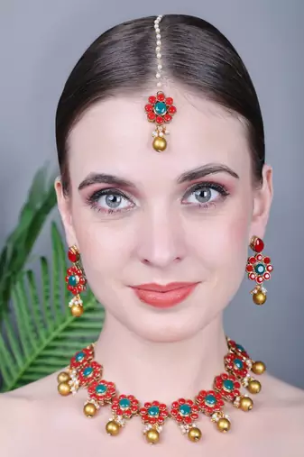 JN Handicraft Traditional Copper Plated Red Stone Kundan Hancrafted Chokar Necklace Set with Mangtikka