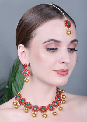 JN Handicraft Traditional Copper Plated Red Stone Kundan Hancrafted Chokar Necklace Set with Mangtikka 3