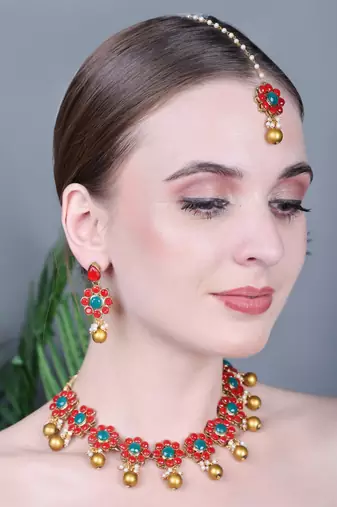 JN Handicraft Traditional Copper Plated Red Stone Kundan Hancrafted Chokar Necklace Set with Mangtikka