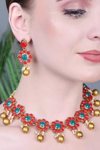 JN Handicraft Traditional Copper Plated Red Stone Kundan Hancrafted Chokar Necklace Set with Mangtikka